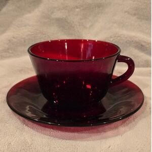 Anchor Hocking Ruby‎ Red Tea Cup and Saucer Set, Elegant Drinkware